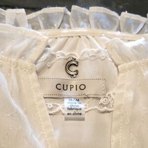 Classic CUPIO off white sparkle lace sheer ruffle long sleeve blouse